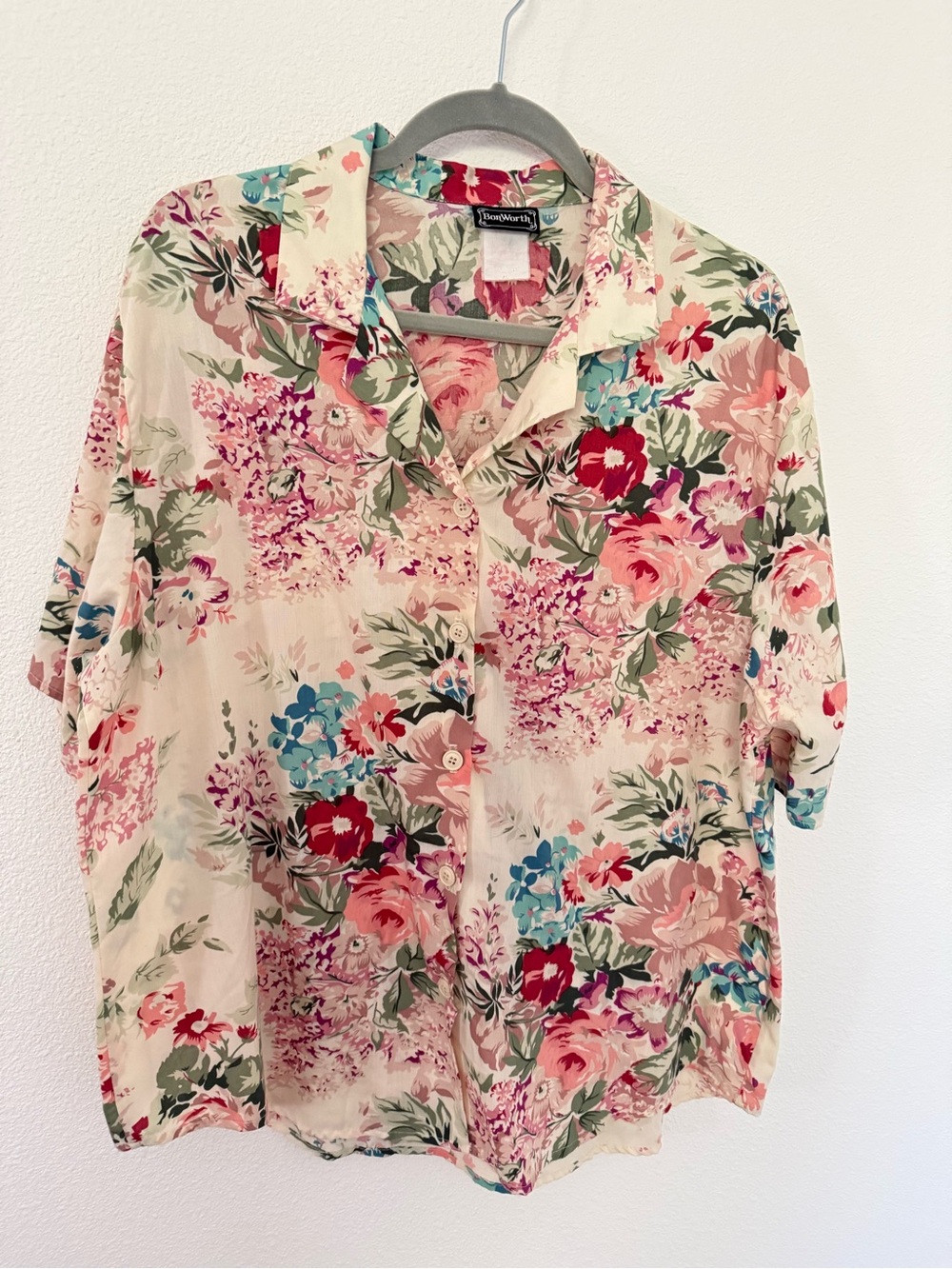 VTG BonWorth Floral Camp Shirt Blouse Cottagecore Grandmacore Short Sleeve XL